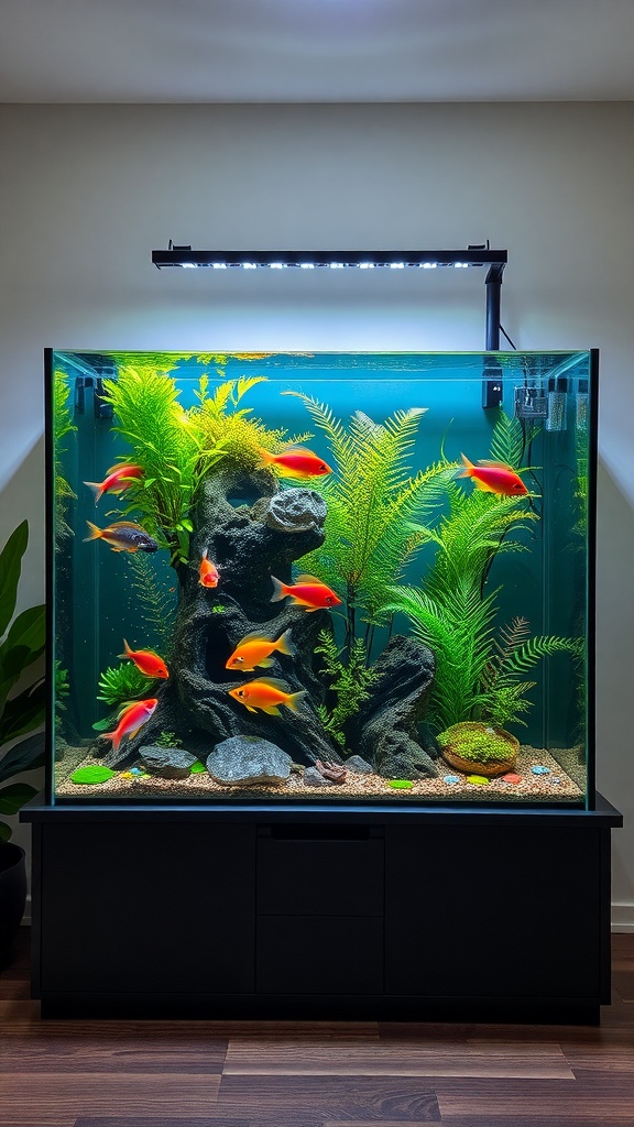 A beautifully designed aquarium featuring live plants and colorful fish.