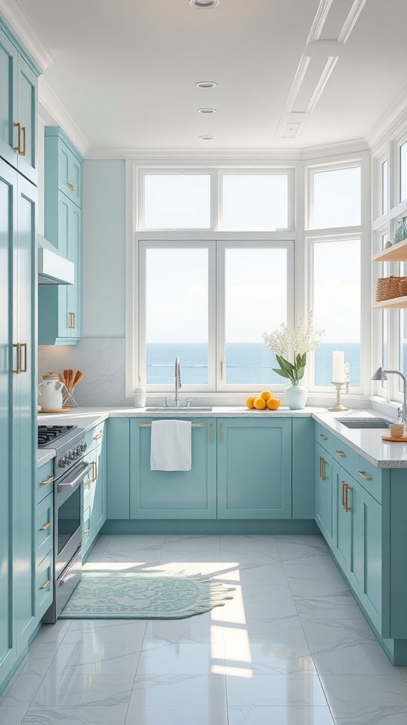 A bright kitchen with blue cabinetry, large windows showing ocean views, and modern appliances.