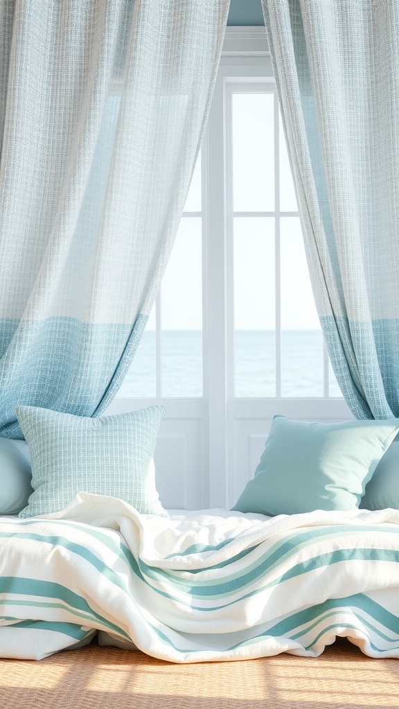 A cozy seating area with light blue curtains and striped cushions, evoking a water-inspired theme.