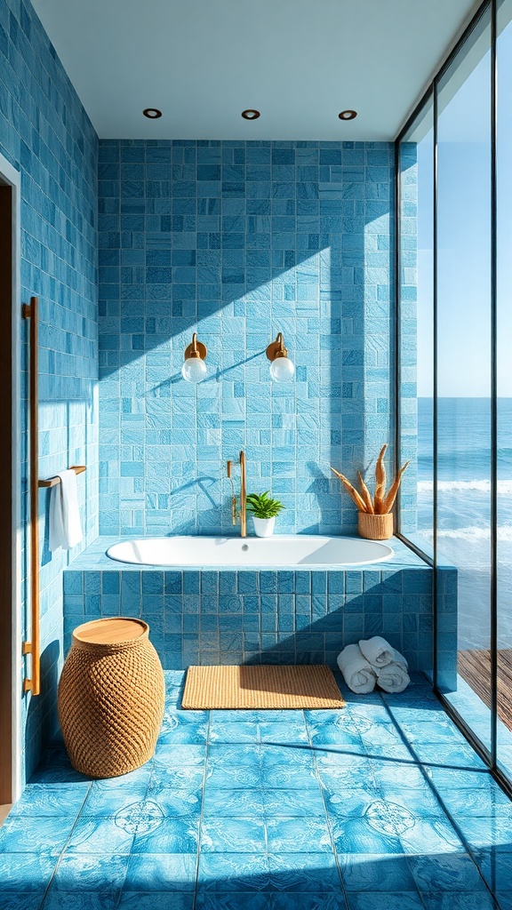 A bright, aquatic-themed bathroom with blue tiles, a bathtub, and ocean view.