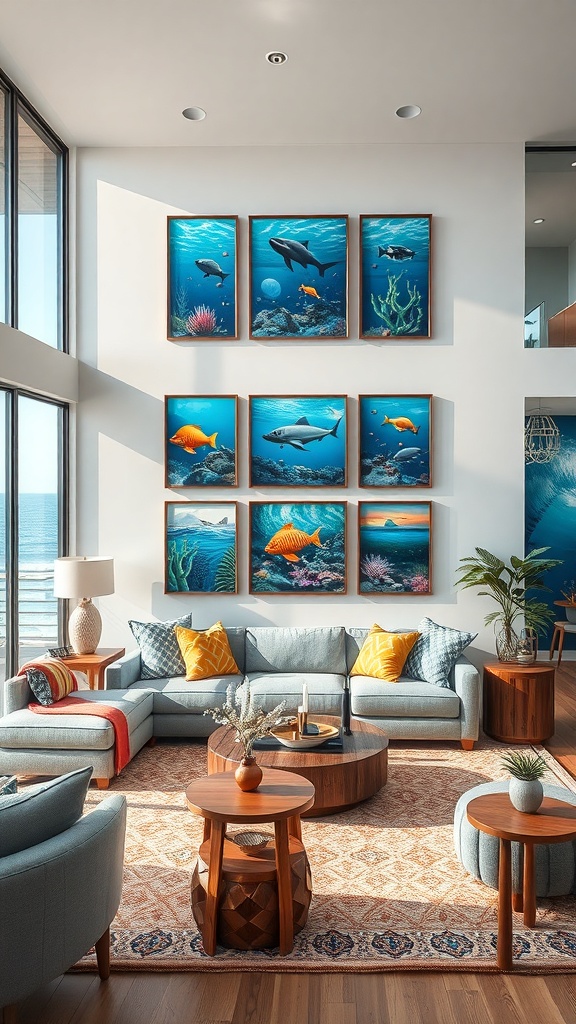 A living room with aquatic wall art featuring vibrant marine life paintings.