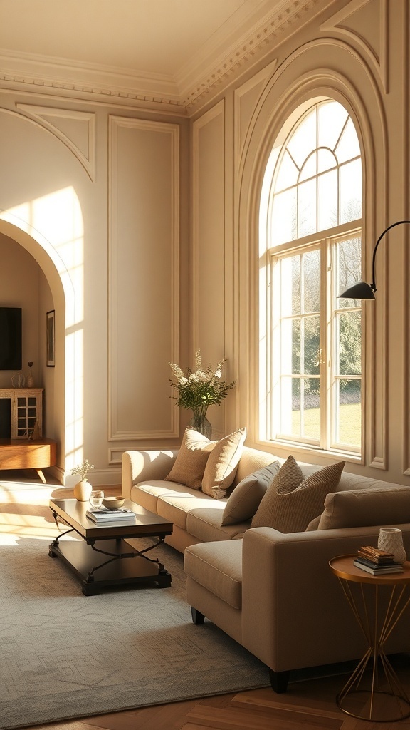 Art Deco living room featuring arched windows, elegant moldings, and stylish furniture.