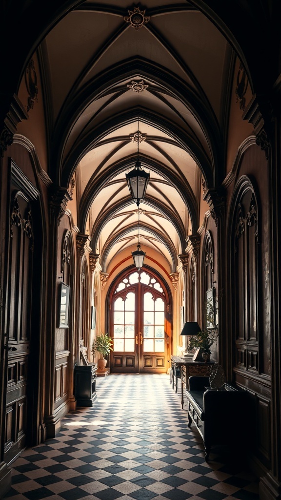 Ein eleganter Flur im Western Gothic Stil mit hohen Decken, kunstvollen Lichtquellen und einem Schachbrettboden.