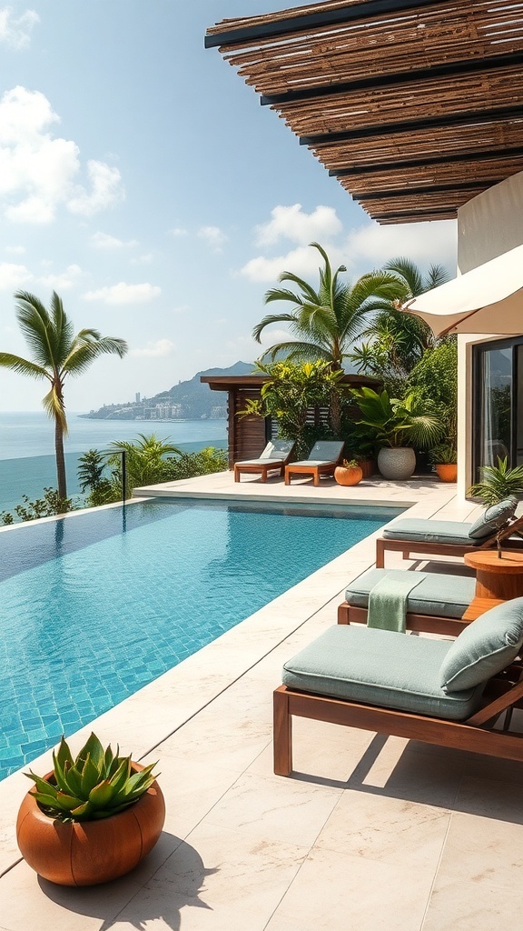 Luxuriöser Pool mit Blick auf das Meer, umgeben von Pflanzen und Sonnenliegen