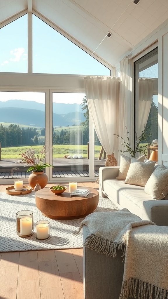 Helles Wohnzimmer mit großen Fenstern, gemütlicher Einrichtung und dekorativen Kerzen.
