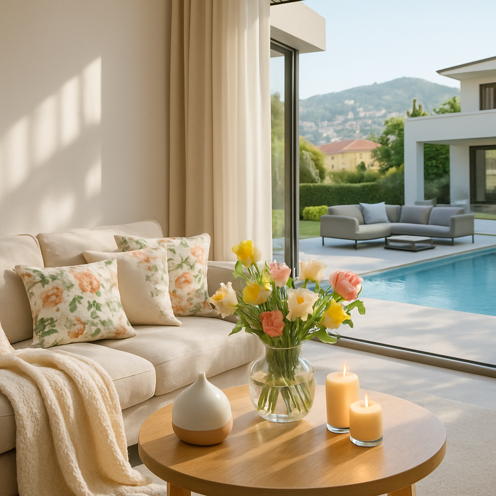 Gemütliches Wohnzimmer mit Blumenstrauß, Kerzen und einem Diffusor