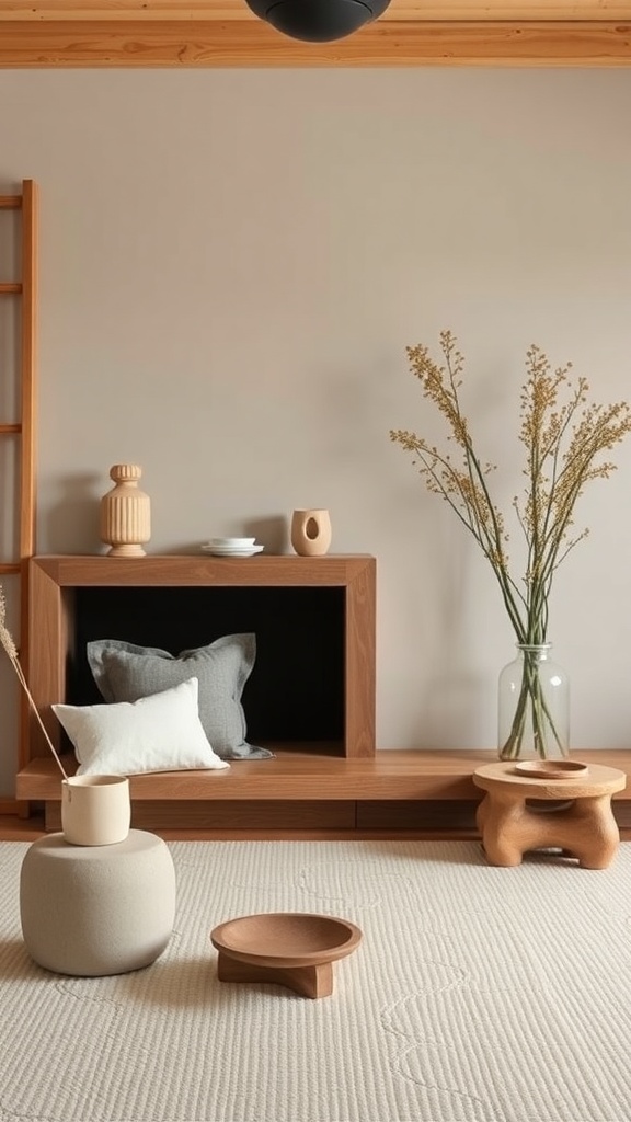 A minimalist Japandi-style interior featuring wooden furniture, soft textures, and decorative items.