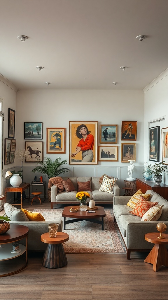A vintage sunken lounge featuring framed art on the walls, cozy sofas, and warm decor.
