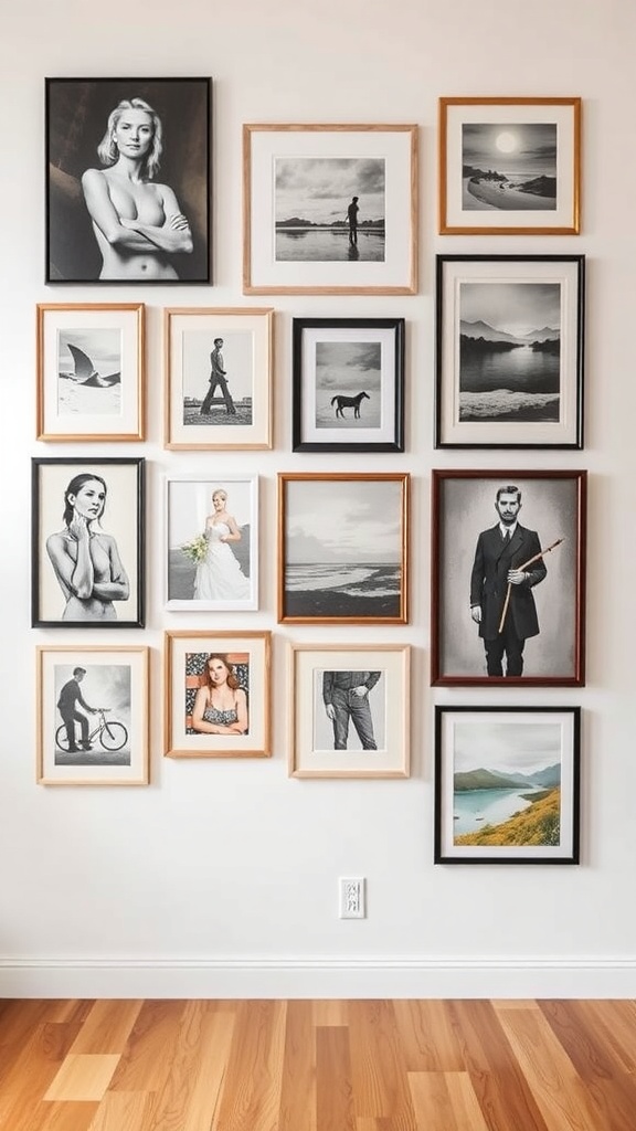 Gallery wall featuring a mix of framed art in various sizes.
