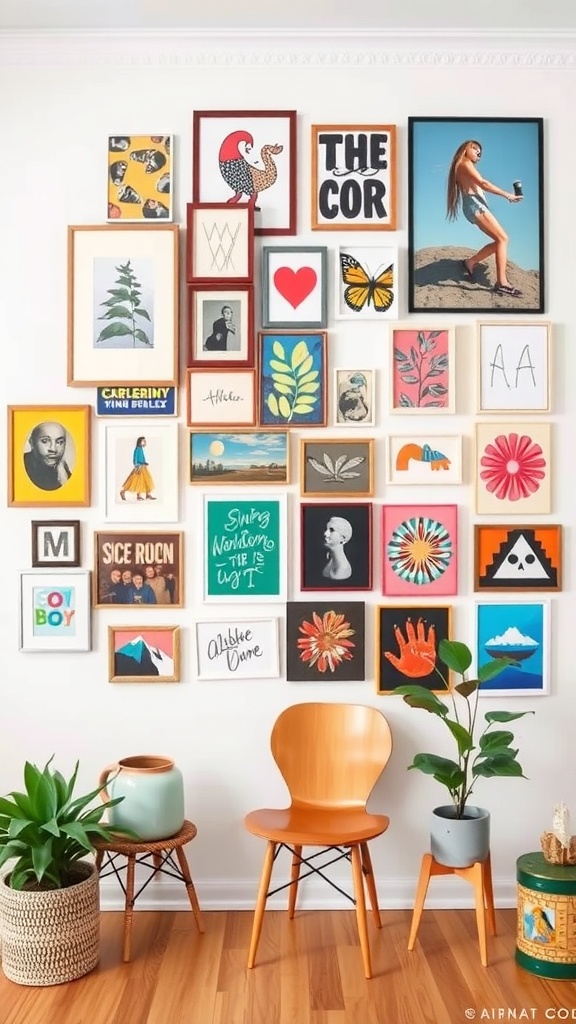 A vibrant gallery wall featuring a variety of framed artworks, with plants and seating in front.
