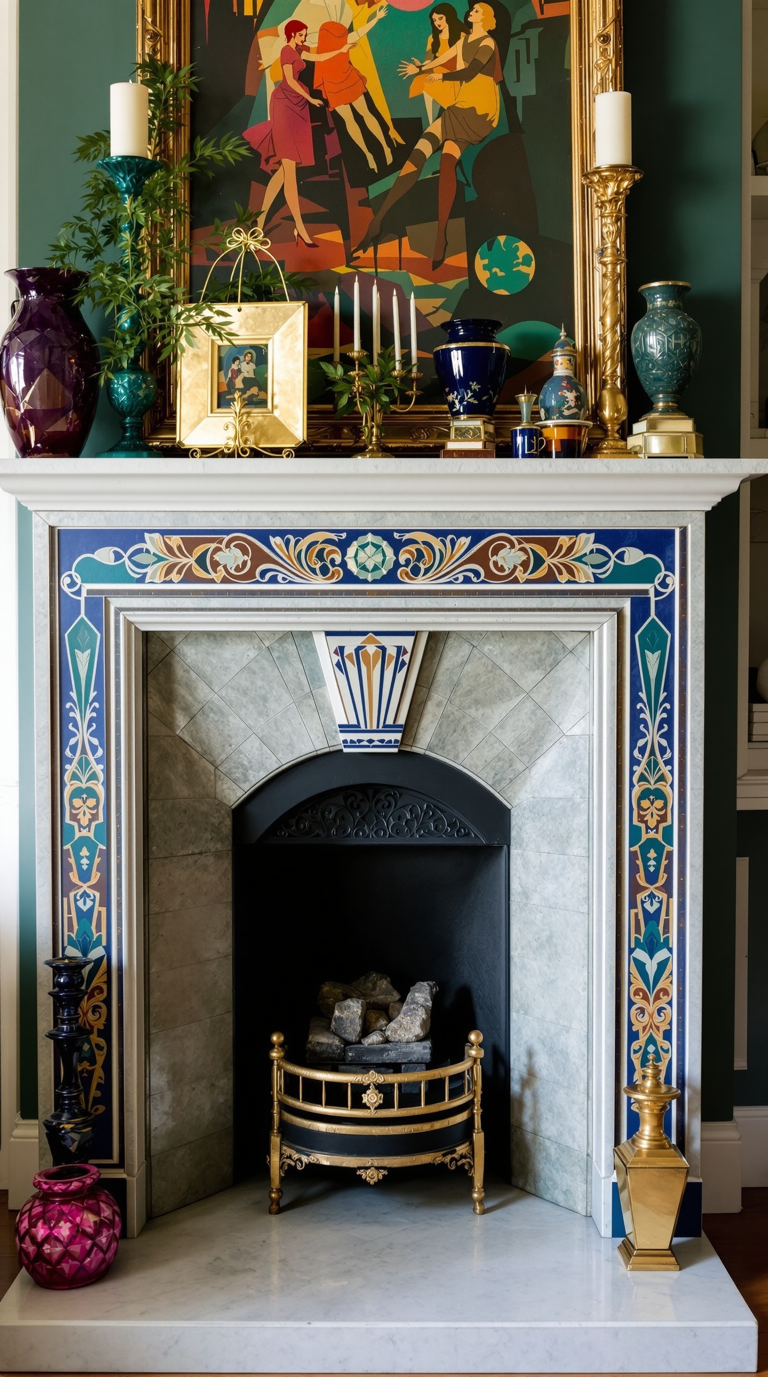 Art Deco-inspired living room with a stylish fireplace, teal chairs, and geometric accents