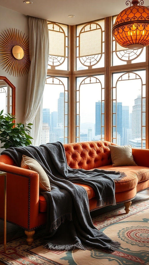 A stylish living room featuring an orange couch with a dark throw blanket, large windows, and Art Deco elements.