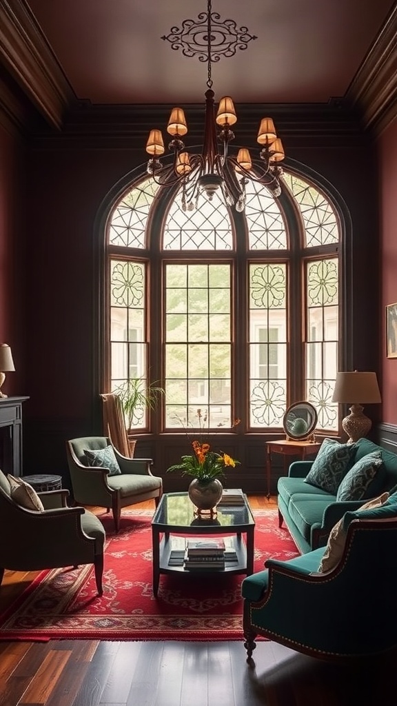 Ein stilvolles Wohnzimmer im Art Deco-Stil mit Juwel-Tönen und geometrischen Akzenten.