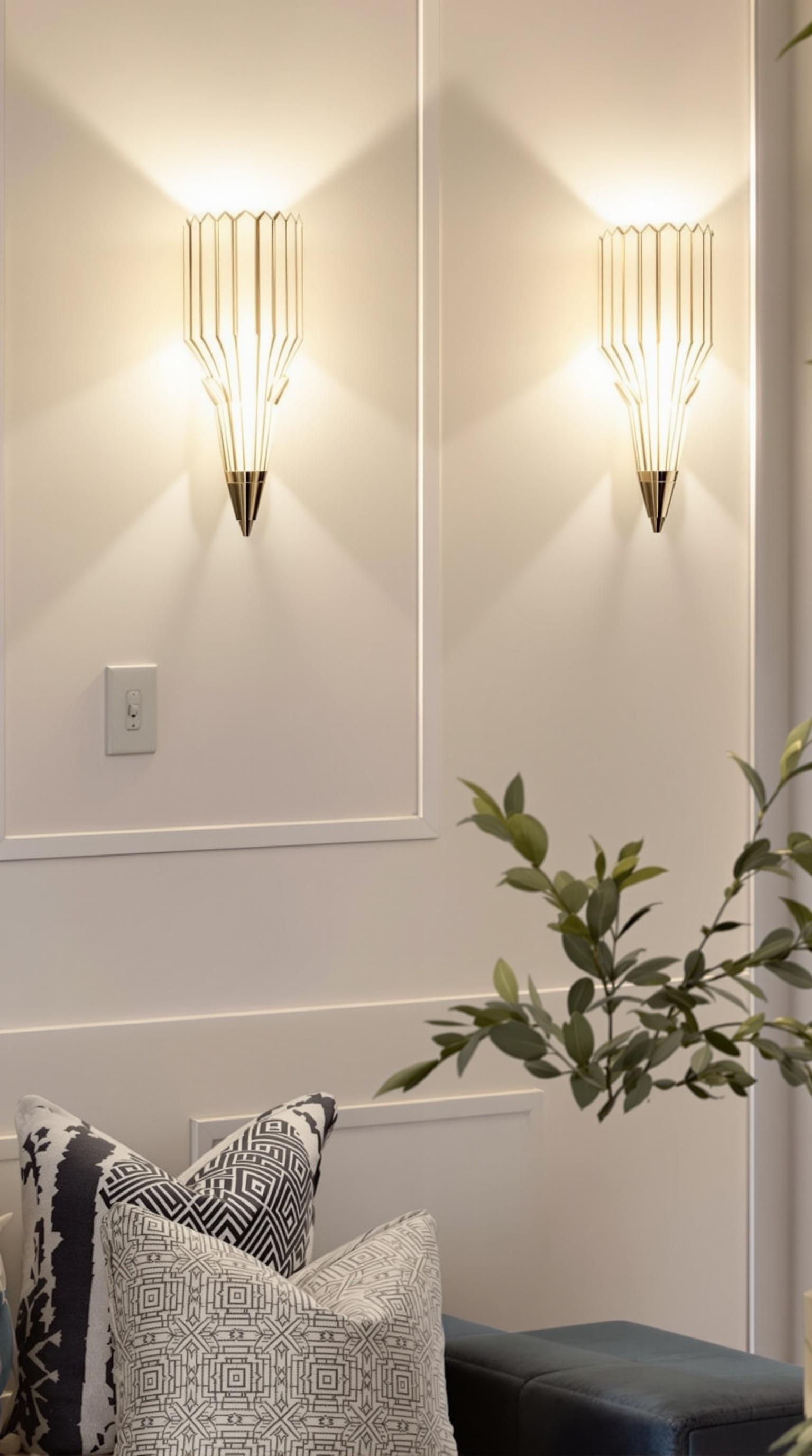 Ein stilvolles Wohnzimmer mit großen Fenstern, eleganten Möbeln und Art Deco-Wand sconces.