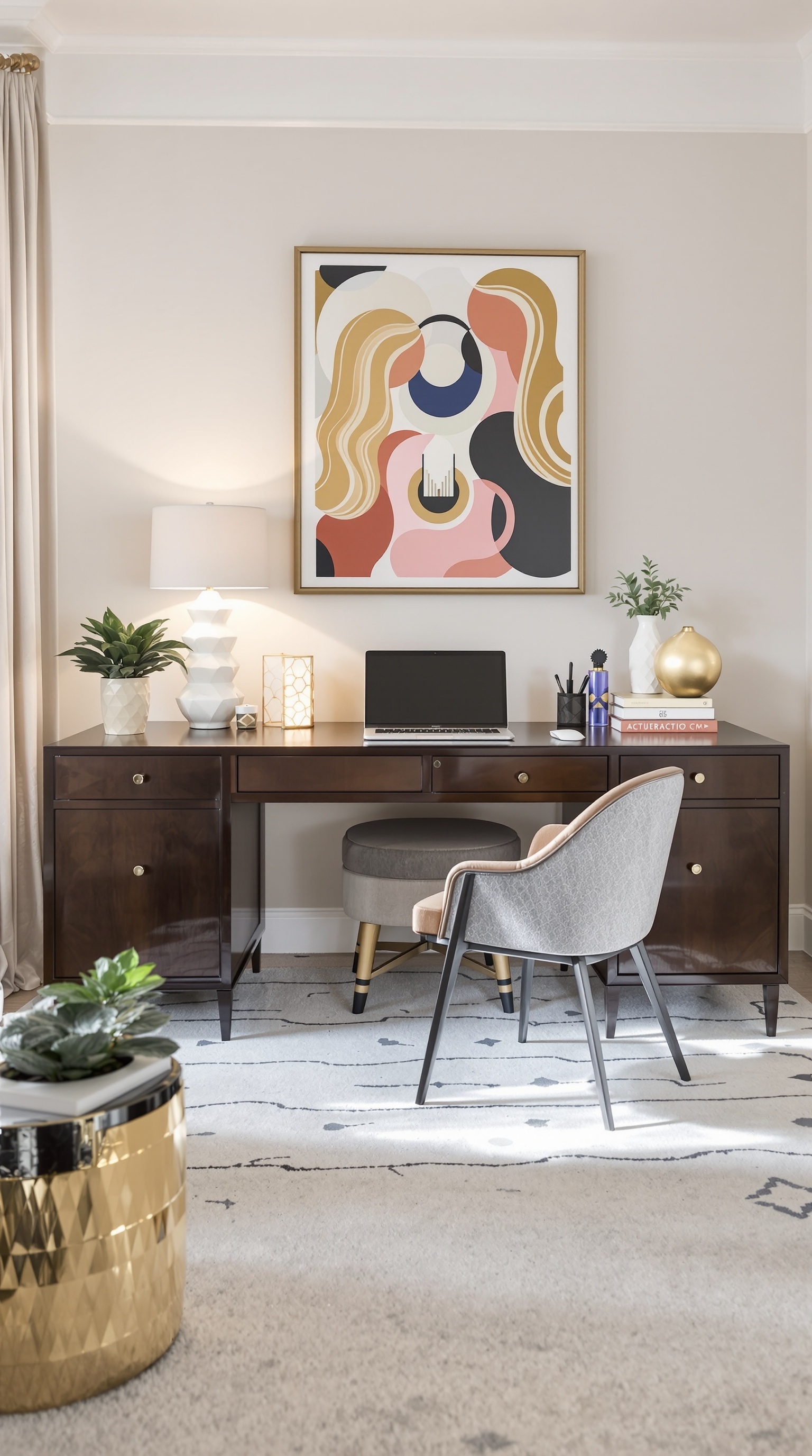 Ein stilvolles Home Office mit Art Deco-Elementen, einem Holzschreibtisch, Pflanzen und Kunstwerken an der Wand.