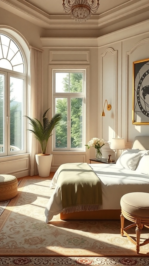 A luxurious Art Deco bedroom featuring neutral tones, large windows, and elegant furnishings.