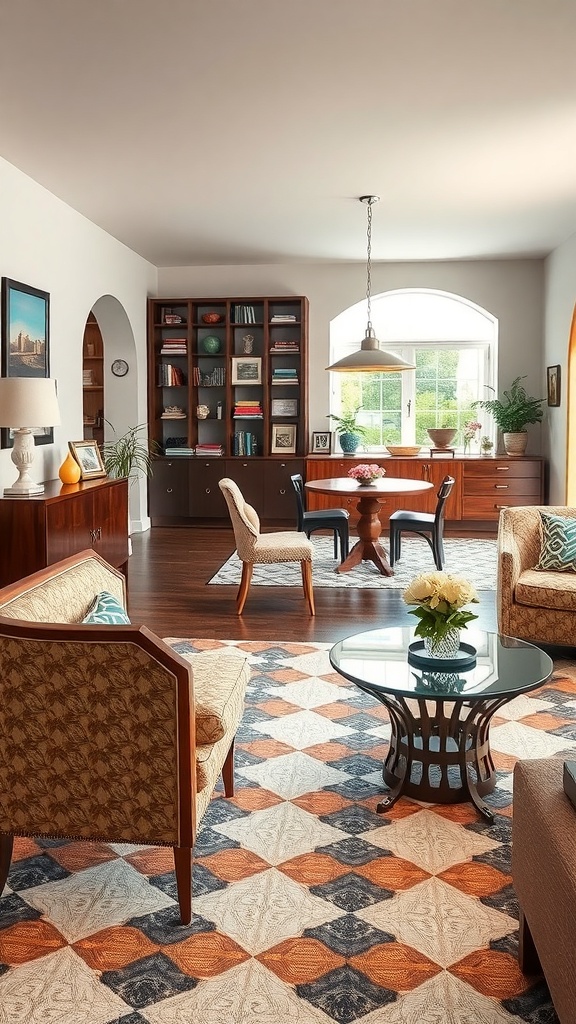 A stylish living room featuring Art Deco furniture, including patterned chairs, a round coffee table, and wooden bookshelves.