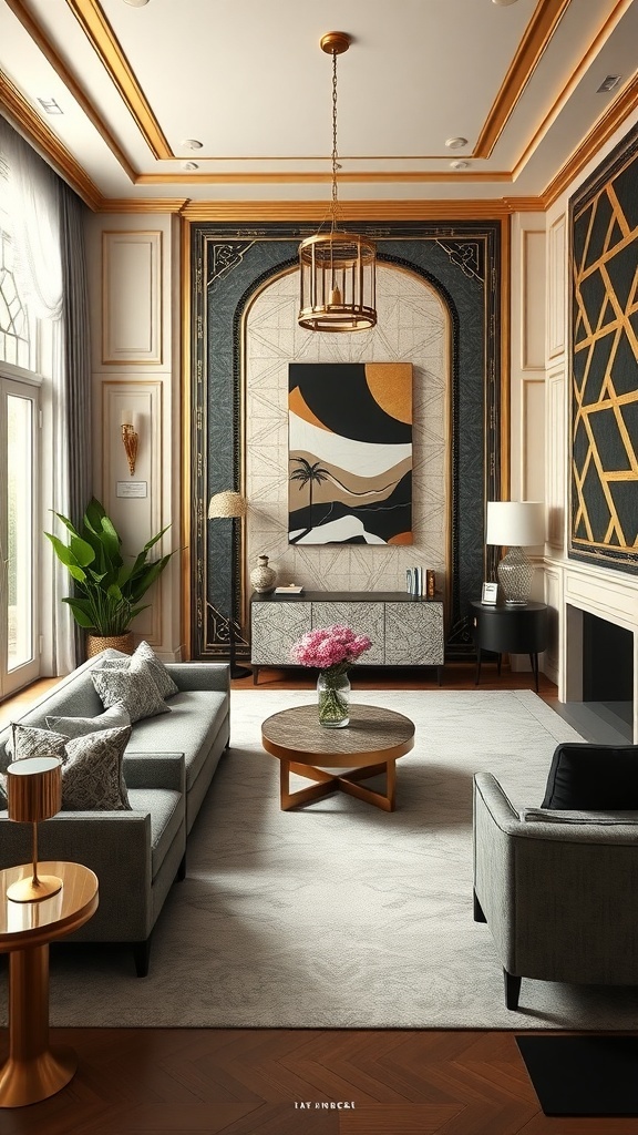 Chic living room featuring Art Deco design with bold artwork, gold accents, and plush seating.
