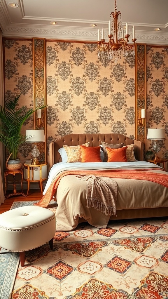 Ein elegantes Schlafzimmer im Art Deco-Stil mit gemusterter Tapete, einem gepolsterten Bett und stilvollen Beleuchtungselementen.