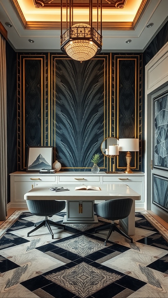 A luxurious home office featuring Art Deco design elements, including geometric patterns and elegant lighting.