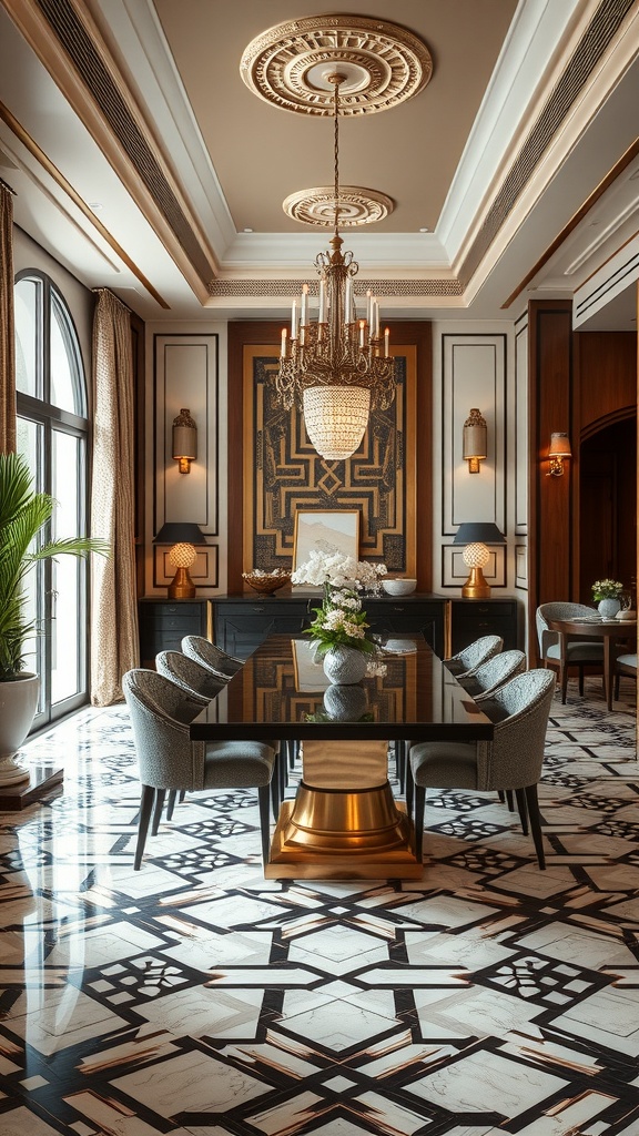A luxurious dining room featuring Art Deco style with geometric patterns, elegant chandelier, and rich colors.