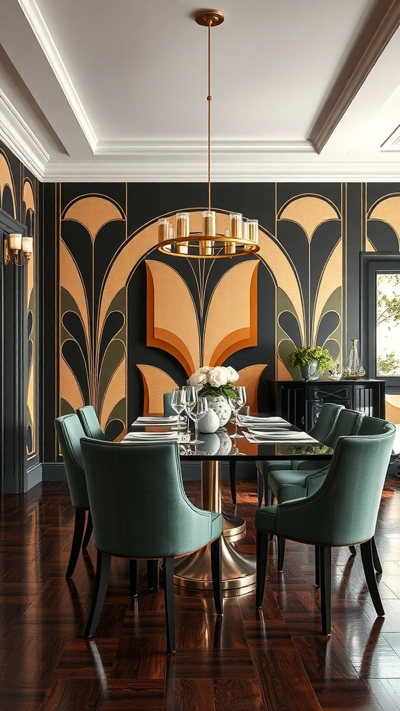 A stylish dining room featuring Art Deco wall patterns, elegant furniture, and warm lighting.
