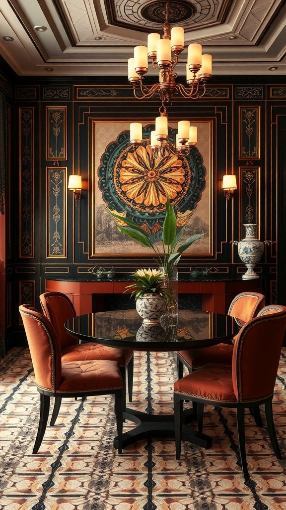 A luxurious dining area featuring Art Deco design elements, with intricate wall patterns, a round table, and elegant lighting.