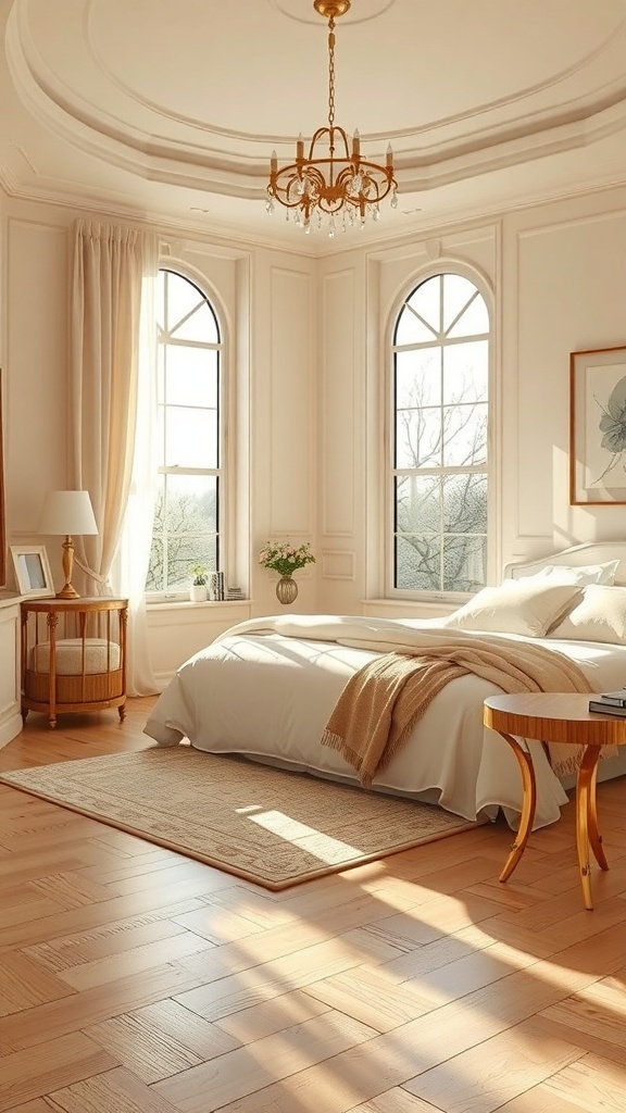 A luxurious Art Deco inspired bedroom with wooden flooring, large windows, and elegant decor.
