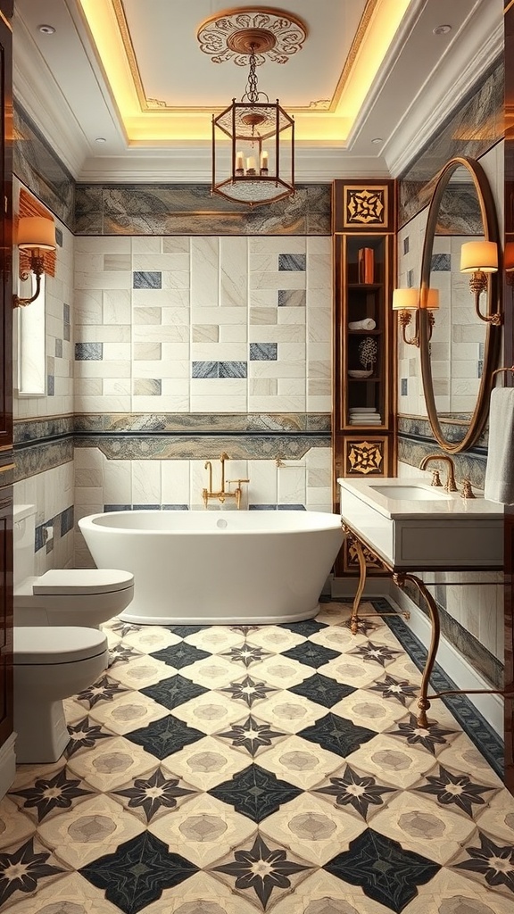 A luxurious bathroom featuring Art Deco inspired tiles with intricate patterns and a stylish freestanding tub.