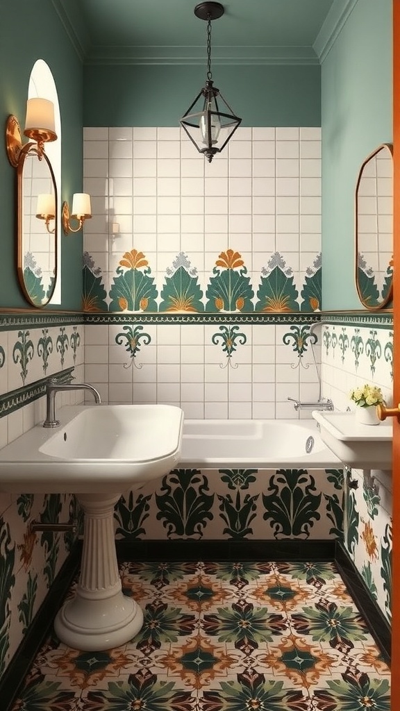 A bathroom featuring Art Deco inspired tiles with floral patterns on the floor and decorative wall tiles.