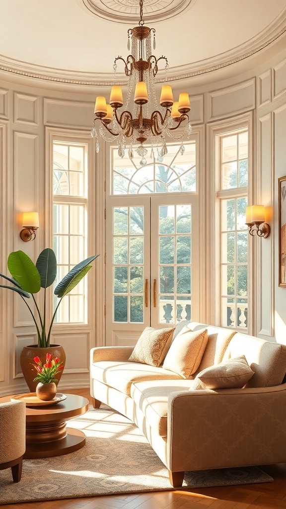 An elegant Art Deco living room with a chandelier and wall sconces, featuring large windows and stylish furniture.