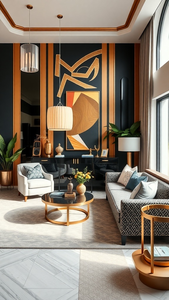 A stylish living room featuring Art Deco elements with bold black and gold colors, modern artwork, and elegant furniture.