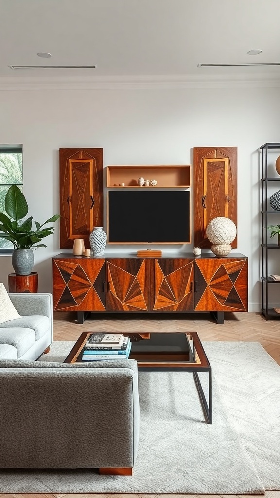 A stylish Art Deco sideboard with geometric patterns and rich wood tones in a modern living room setting.