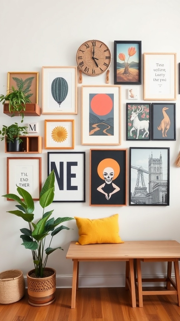 Gallery wall featuring various framed artworks, a clock, plants, and a wooden bench with a yellow pillow.