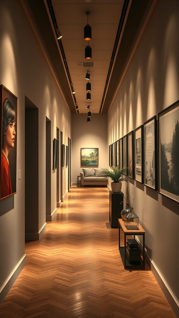 A hallway designed like an art gallery, featuring framed artwork, warm wood flooring, and soft lighting.