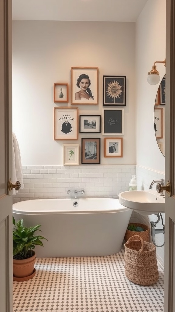 A stylish bathroom featuring a gallery wall with various framed artworks.