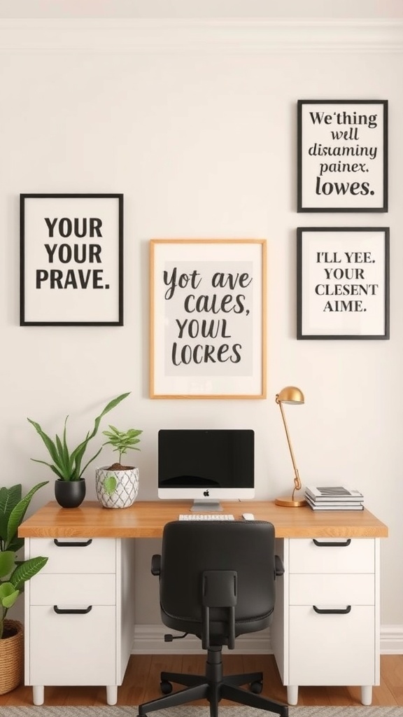 Gallery wall with inspirational quotes framed in black and white.