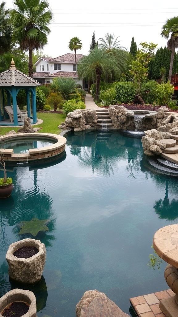 Ein schöner Schwimmteich mit mehreren Ebenen und Blick auf die Landschaft