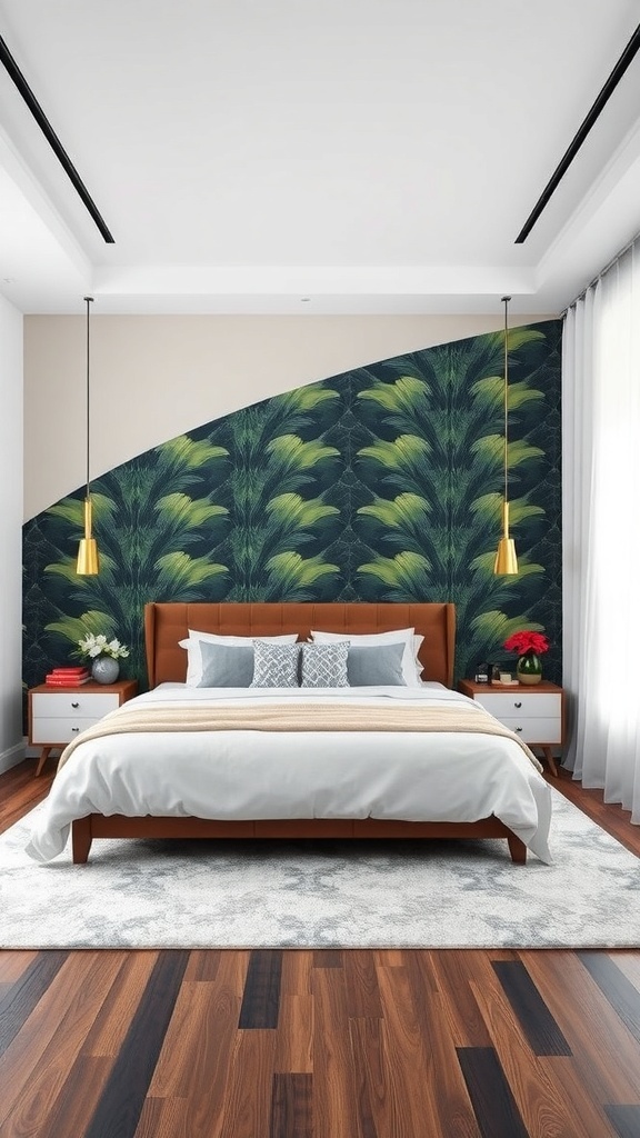 A modern bedroom featuring an accent wall with green foliage patterns, a cozy bed, and stylish lighting.