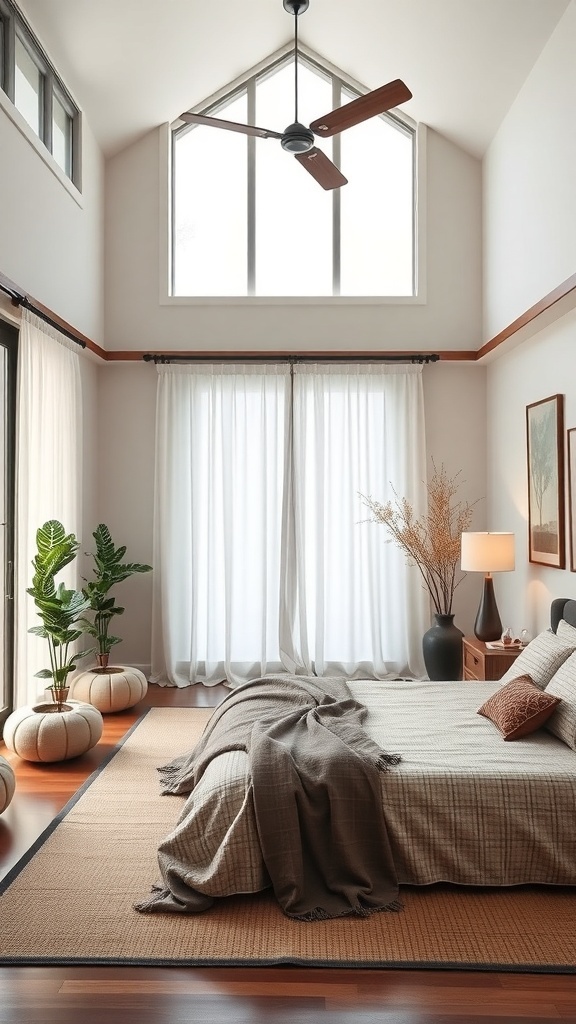 A serene Japandi bedroom featuring large windows, cozy bedding, and stylish plants.