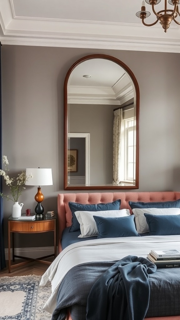 Elegant bedroom featuring a large decorative mirror with an ornate frame, a chandelier, and stylish furnishings.
