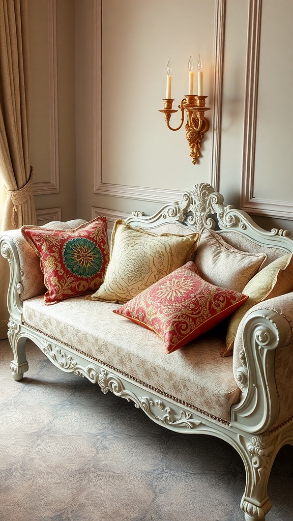 A beautifully styled sofa with ornate decorative pillows in rich colors and intricate patterns, showcasing Rococo aesthetic.