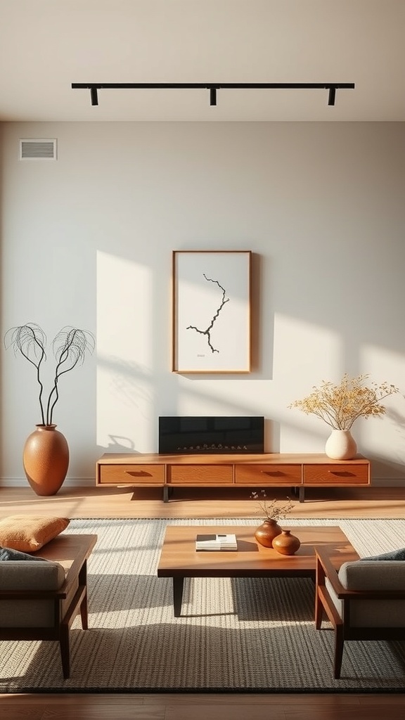 A minimalist living room featuring a line drawing artwork, wooden furniture, and natural decor.