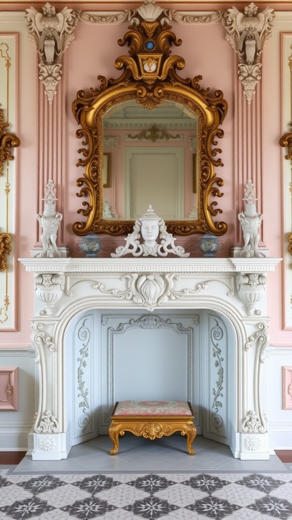 An ornate Rococo-style fireplace with intricate details and a decorative mirror above it.