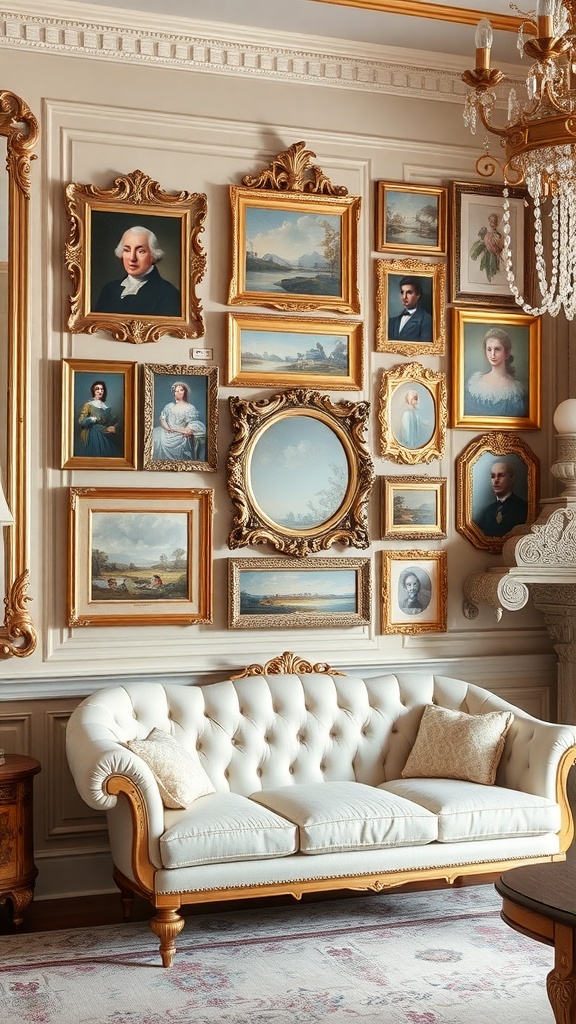Gallery wall featuring ornate frames with classic portraits and landscapes, complemented by a plush sofa.