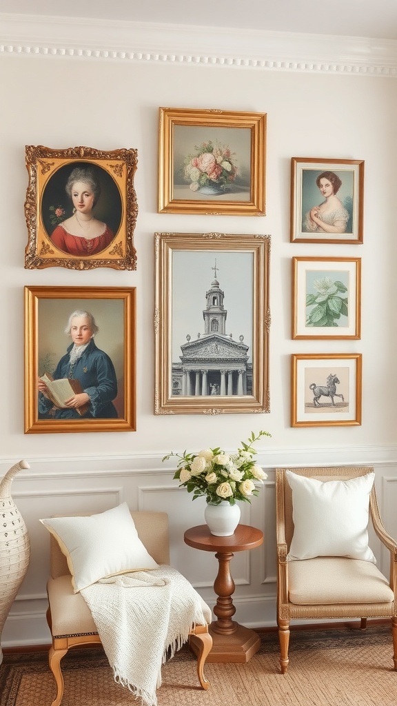 Gallery wall featuring vintage frames and art pieces in soft neutral tones.