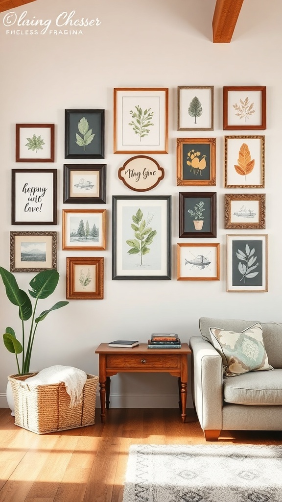 A gallery wall featuring various framed botanical prints and quotes, with a cozy seating area and a plant.