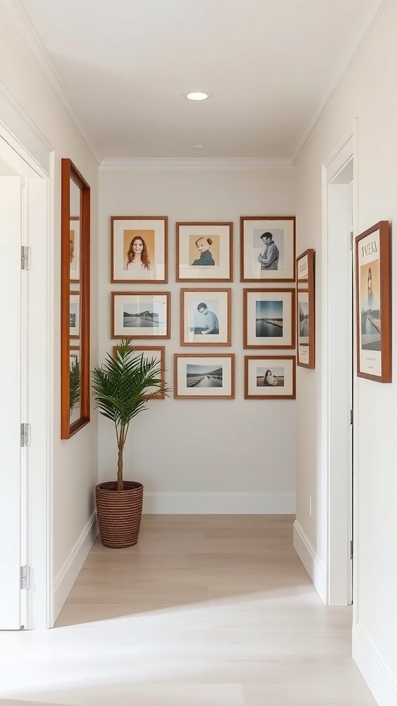 A hallway with a gallery wall featuring framed art and a potted plant.
