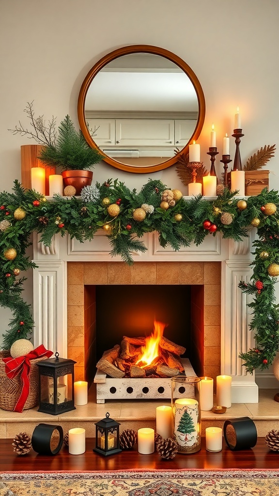 A beautifully decorated mantle with a garland, candles, and festive ornaments.