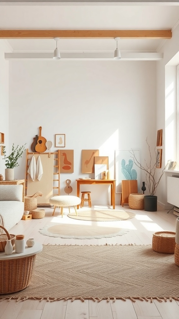 A bright Scandinavian interior featuring minimalistic design with natural materials, art on the walls, and a cozy atmosphere.